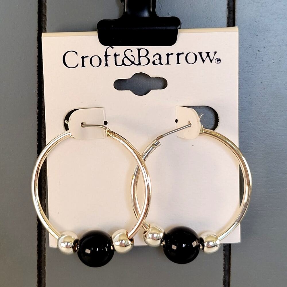 Croft & Barrow Hoop Earrings Black Beads Silver Tone Pierced, Gift Bag 1.5 in